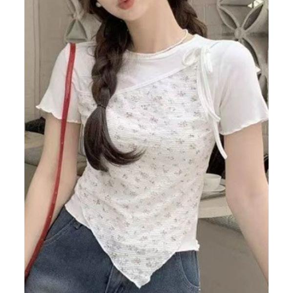 tシャツ 半袖 花柄レース半袖ニットトップス 秋物 秋服 2026年秋冬 レディース