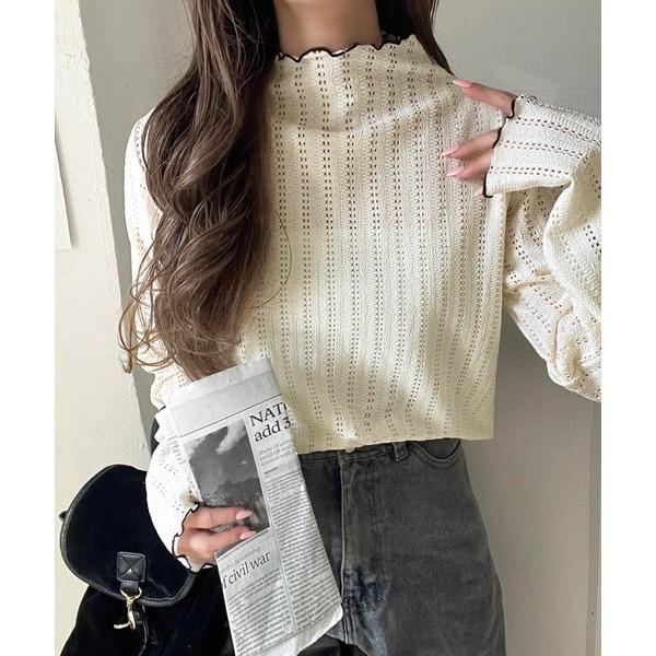 tシャツ 肌見せしすぎず、ほんのり色っぽ。プチハイネック透かし編みメロウトップス（長袖） レディース