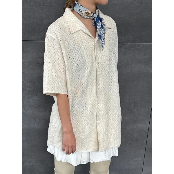 ブラウス シャツ 半袖 CORD EMBROIDERY OPEN COLLAR SHIRT レディース