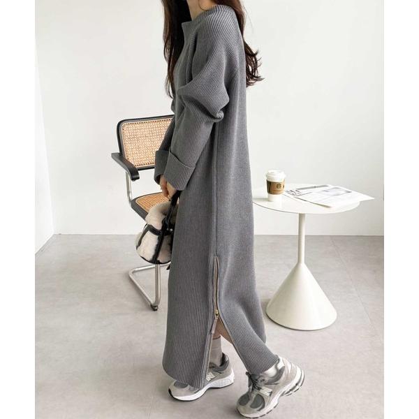 『タイムセール実施中』ZOZO問い合わせ番号:96864071ショップ:GeeRA，ジーラブランド:GeeRA，ジーラ商品名:【S-LLサイズ】裾ゴールドジップ使いスリットニットロングワンピースカテゴリ:ワンピース/ドレス>ワンピース...