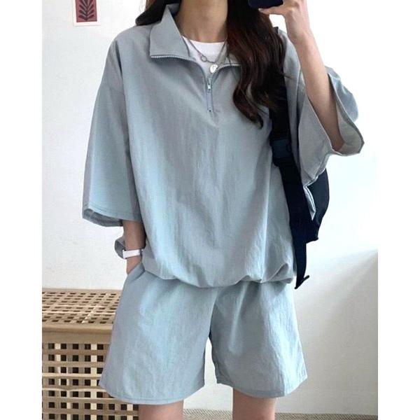 セットアップ ハーフジップ半袖トップス×ショートパンツSET レディース
