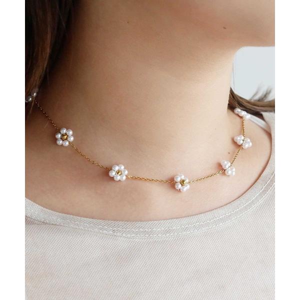 ネックレス 「WEB限定」“MELLOW”フラワーパールステーションネックレス/ステンレススティール「LHME / エルエイチエムイー」