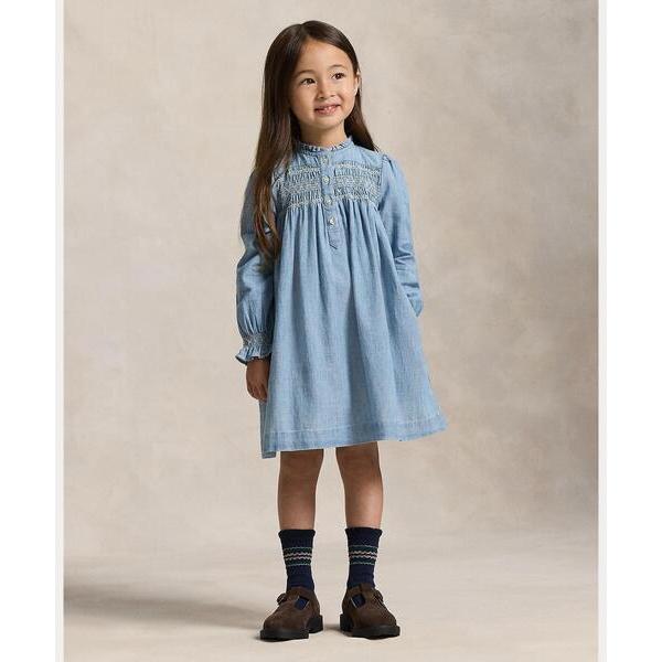 ワンピース スモックド インディゴ シャンブレー ドレス キッズ 子供服 女の子