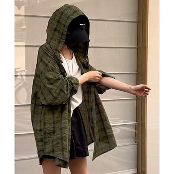 ブラウス シャツ 韓国ファッション フード付きチェック柄シアーシャツ レディース メンズ