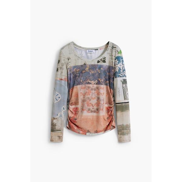 tシャツ コラージュモチーフプリント サイドフリル長袖Tシャツ レディース