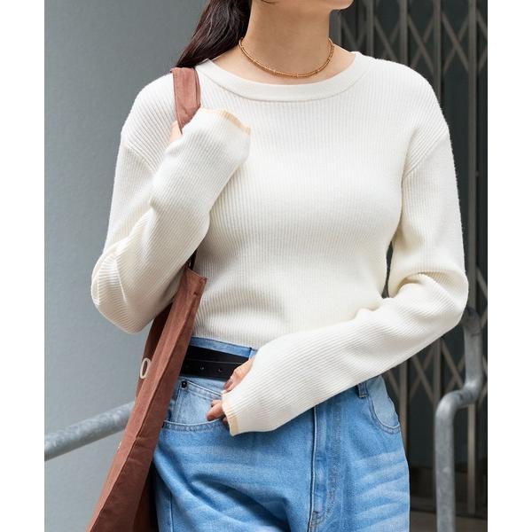 ニット セーター 「マシンウォッシャブル/アンチピリング」配色ライン サムホール クルーネック ソフトリブニット レディース