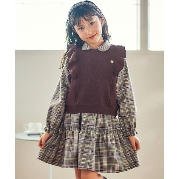 『タイムセール実施中』ZOZO問い合わせ番号:97832086ショップ:BEBE ONLINE STORE，ベベ オンラインストアブランド:SLAP SLIP，スラップスリップ商品名:【お揃い】チェック花柄コーデュロイワンピース+ニットベス...