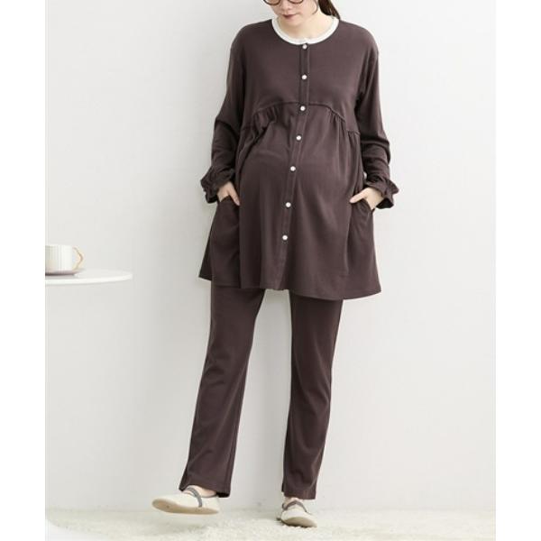 ZOZO問い合わせ番号:98034156ショップ:nissen，ニッセンブランド:QUNTSTYLE，キュントスタイル商品名:【マタニティウェア・授乳服】綿混スムース　衿配色長袖パジャマ（産前・産後）カテゴリ:ママ＆ベビー>マタニティ...