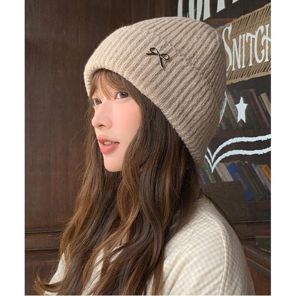 ニット帽 ニットキャップ 「OKUOKU　0909」リボン付き　リブ編みニット帽 oku-bosi-5 レディース