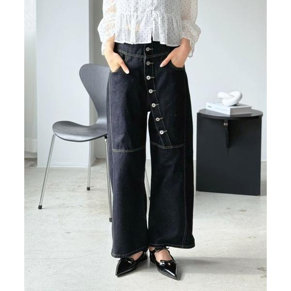 ワイドパンツ ジーンズ デニム デニムパンツ ボタンデザインラフデニムパンツ レディース