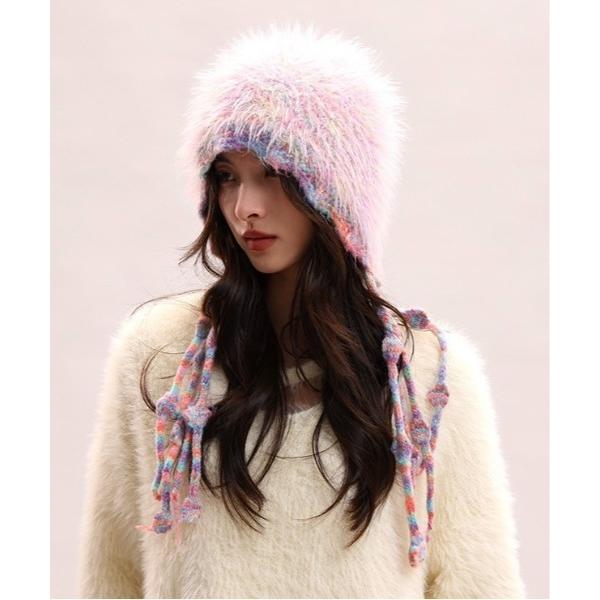 ニット帽 ニットキャップ 「OKUOKU　0909」マルチカラー ファーイヤーフラップニットキャップ ruf-bosi-1-21 レディース