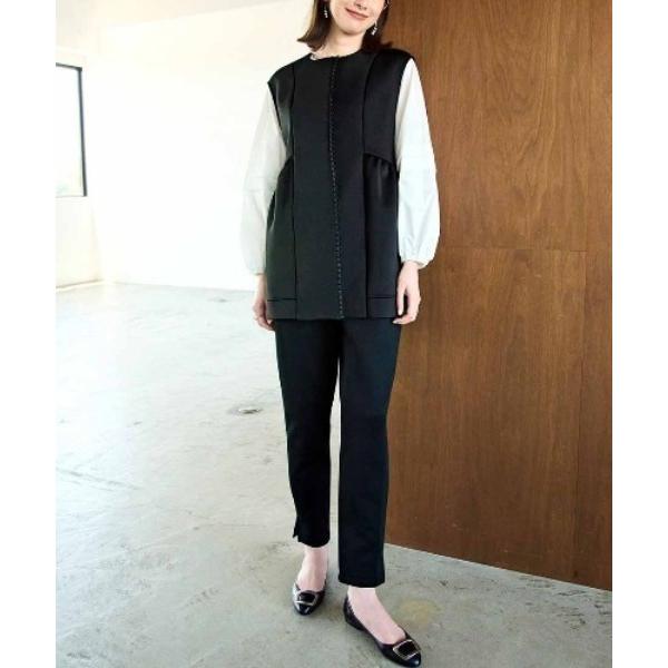 ZOZO問い合わせ番号:98270901ショップ:FELISSIMO，フェリシモブランド:IEDIT，イディット商品名:ＩＥＤＩＴ　前立てのミニフリルがポイント　ジレとテーパードパンツのセットアップ〈ブラック〉カテゴリ:ジャケット/アウター...