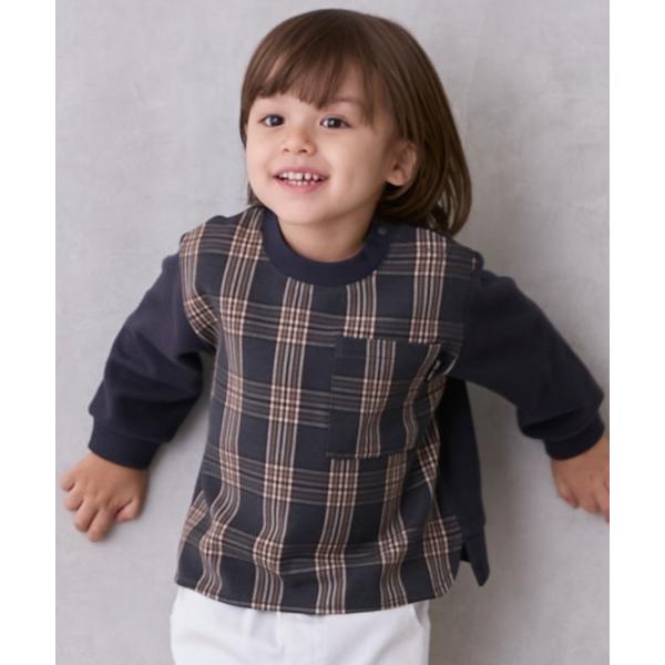 『セール実施中』ZOZO問い合わせ番号:98573784ショップ:petit main，プティマインブランド:petit main，プティマイン商品名:【リンク】チェックドッキング長袖Tシャツカテゴリ:トップス>Tシャツ/カットソーブ...