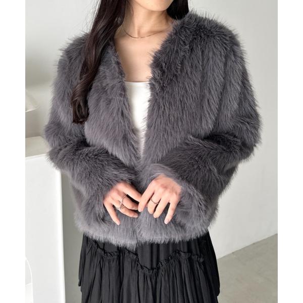 ジャケット ノーカラージャケット ノーカラーショート丈フェイクファージャケット レディース