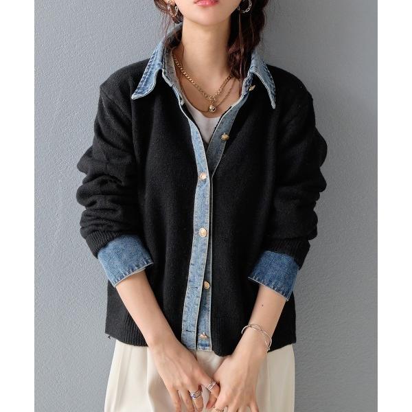 カーディガン 異素材切り替え デニムドッキングニットカーディガン レディース