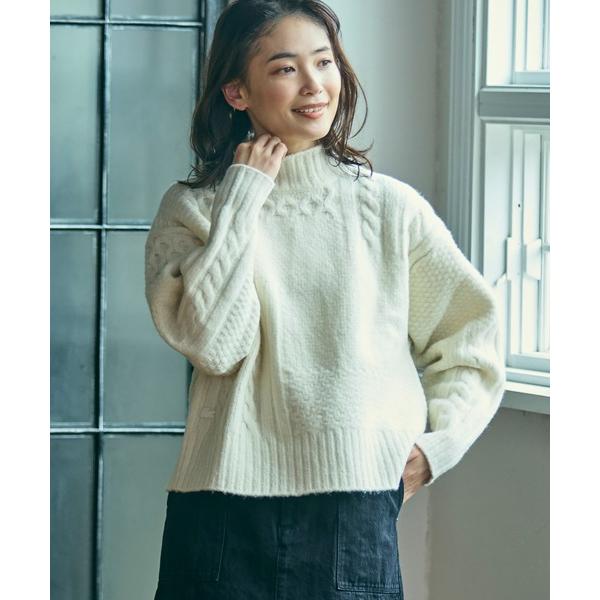 ニット セーター パッチワークエフェクト ウールニットハイネックセーター レディース