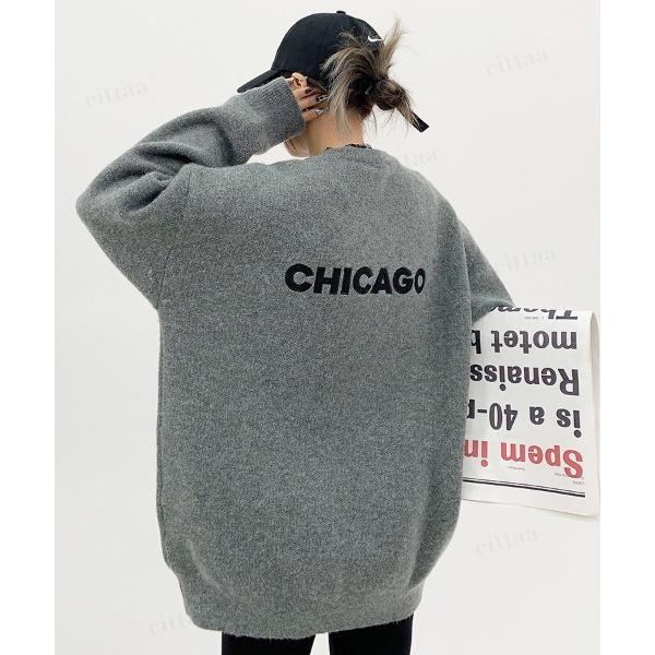 ニット セーター 韓国ファッション CHICAGOバックロゴ刺繍ニット レディース