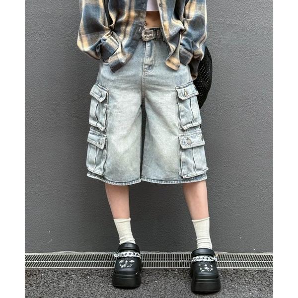 ワイドパンツ ハーフパンツ カーゴパンツ 短パン Lilamusant(リラミュゾン)カーゴポケットデニムハーフパンツ Y2K MZ 韓国ストリート レディース メンズ