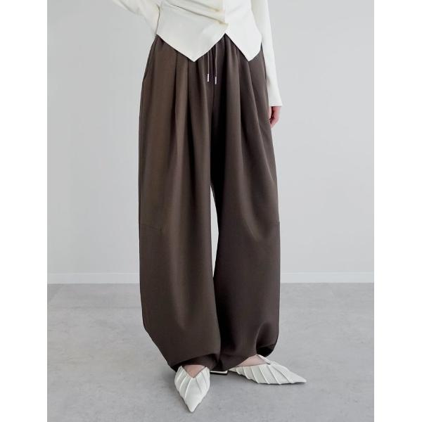 ワイドパンツ パンツ 「低身長/高身長サイズ有」ストレッチミックスツイルボリュームギャザードロストバレルレッグワイドイージーパンツ レディース