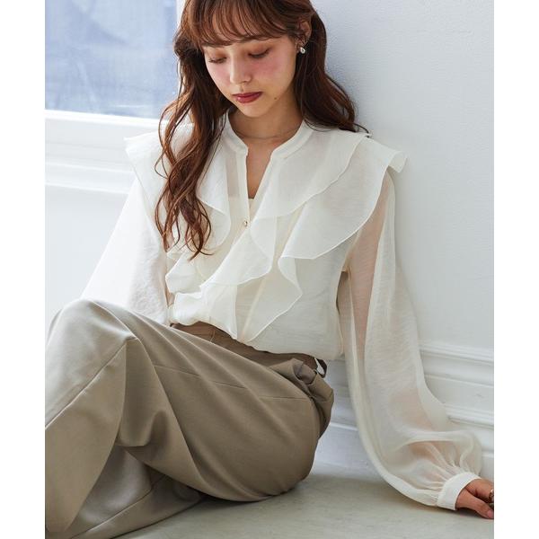 ブラウス シャツ ラッフルフリルシアーキーネックブラウス レディース