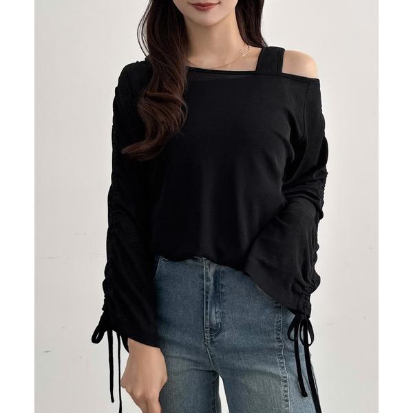 tシャツ 「取り外し可能パット付き」袖ドロストカットソー＋リブタンクトップSET レディース