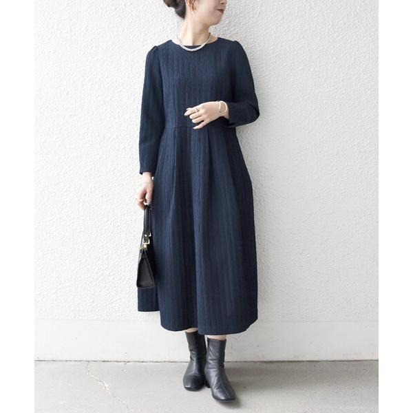 ワンピース SHIPS any:「手洗い可能」ジャカード ウエスト タック ノーカラー ワンピース「NAVY BLUE」