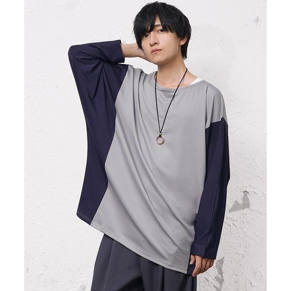 tシャツ 「MinoriTY」とろみ素材オーバーサイズドルマンシルエット切り替えデザインロンT 長袖Tシャツ メンズ プルオーバー ルーズフィット 秋服