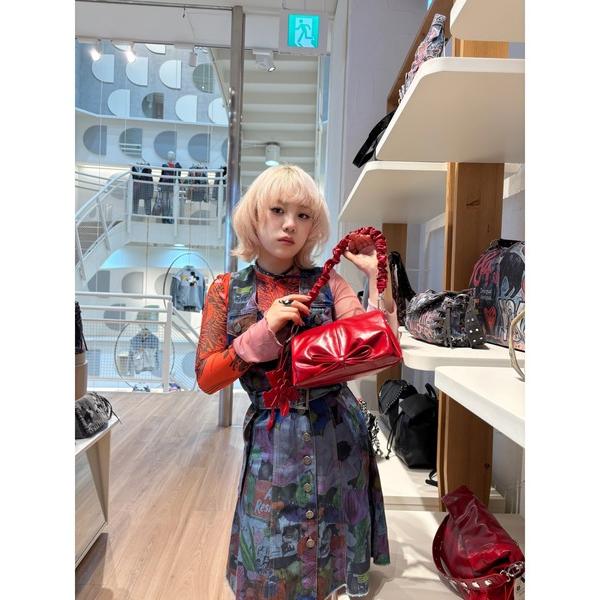 ハンドバッグ リボンディテール ショルダーバッグ ガーリーレッド
