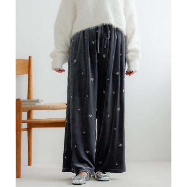 ワイドパンツ パンツ ベロアエンブロイダリーパンツ2 レディース