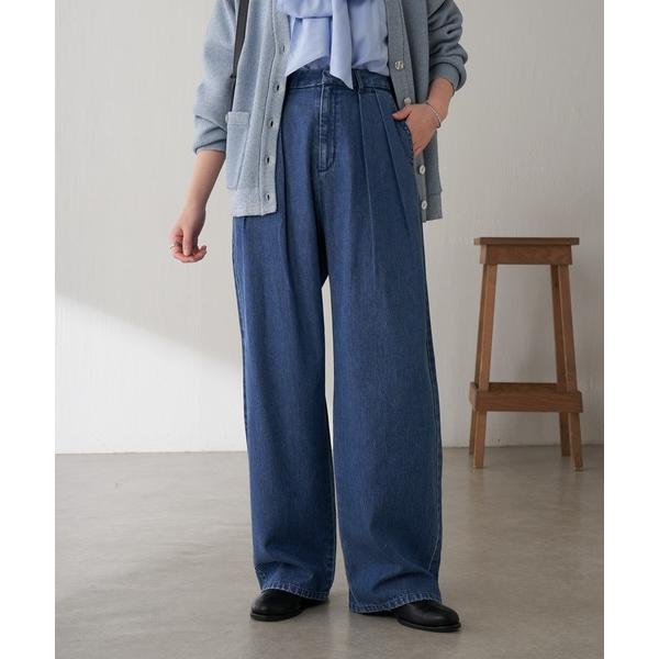 ワイドパンツ ジーンズ デニム デニムパンツ Q.anos/チャーム付きタックワイドデニム レディース