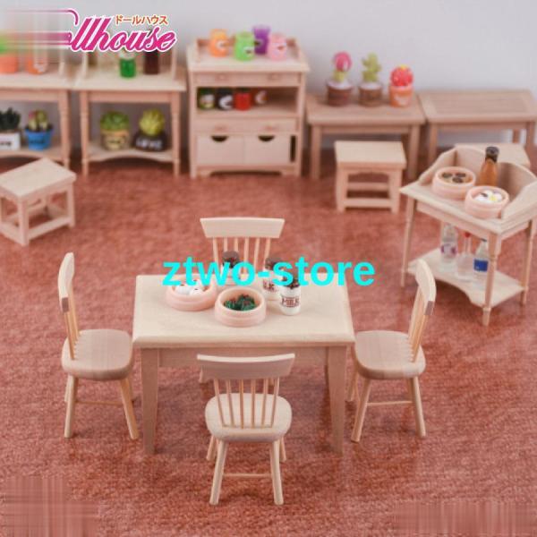 ヴィンテージテーブルとミニチュア裁縫セット、ドールハウス おもちゃ ドールハウス テーブル イス 4脚 ミニチュア 家具 木製 1/12