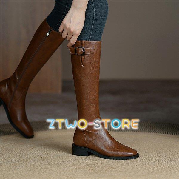 ロングブーツ レディース ロング丈 太ヒール スクエアトゥ トレンド 本