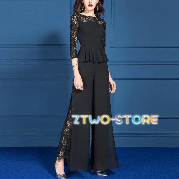 かっこいい パンツドレス セットアップ レディース パーティードレス 結婚式 お呼ばれドレス 袖あり ペプラムトップス 黒 大きいサイズ 3L 4L 韓国 ztwo-store_ztwo0125-nz154
