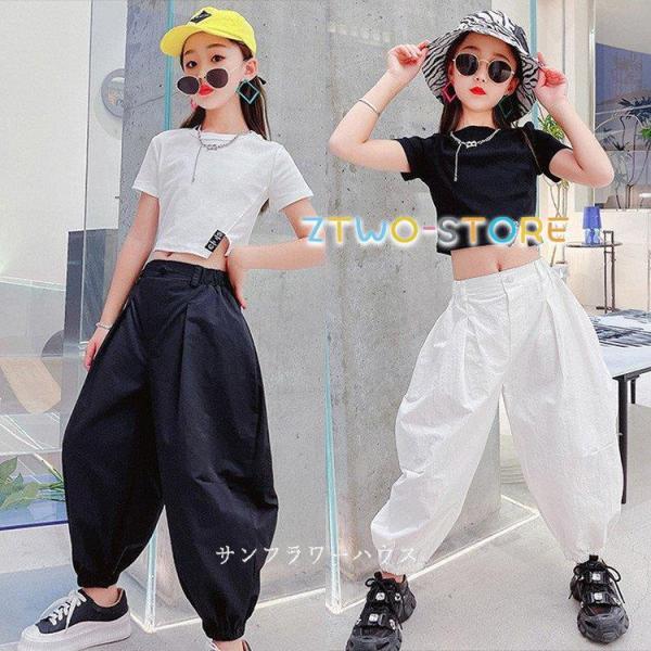 キッズダンス衣装 セットアップ tシャツ ショット丈 白パンツ へそ出し ヒップホップ 韓国 かっこいい 黒 白 チアガール 女の子 発表会 練習着 イベント 110 170