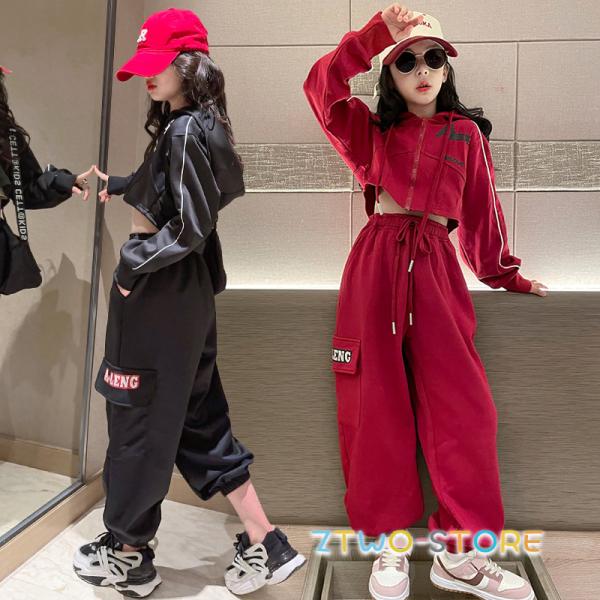 キッズ ダンス衣装 セットアップ ガールズ ヒップホップ 黒 パーカー