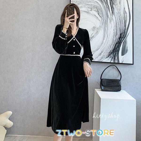 黒 ワンピース レディース ベロア ベルベット ロングワンピース レース