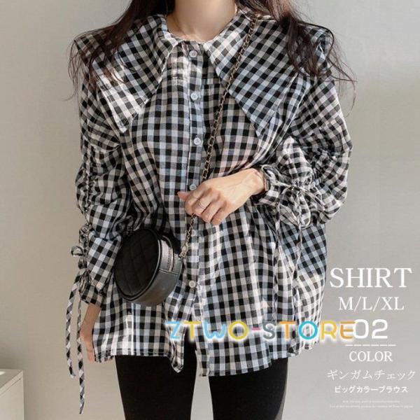 ブラウス レディース ギンガムチェック ゆったり ビッグカラー シャツ