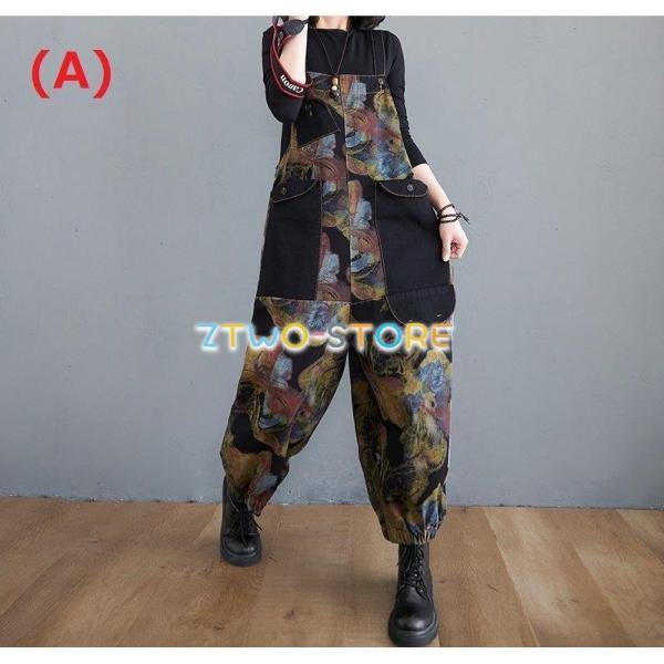 オーバーオール デニム 花柄 S/XL オーバーオール レディース サロペット デニム ワイドパンツ
