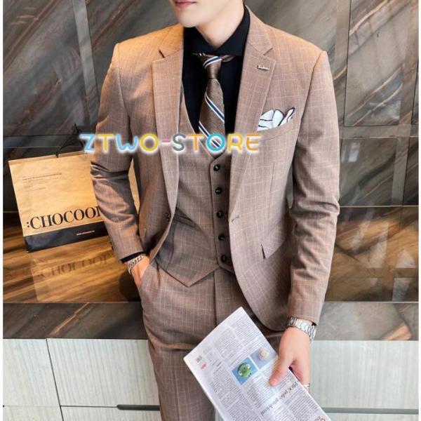 チェック柄 メンズスーツ 3点セットスーツ カッコイイ 1つボタンスーツ