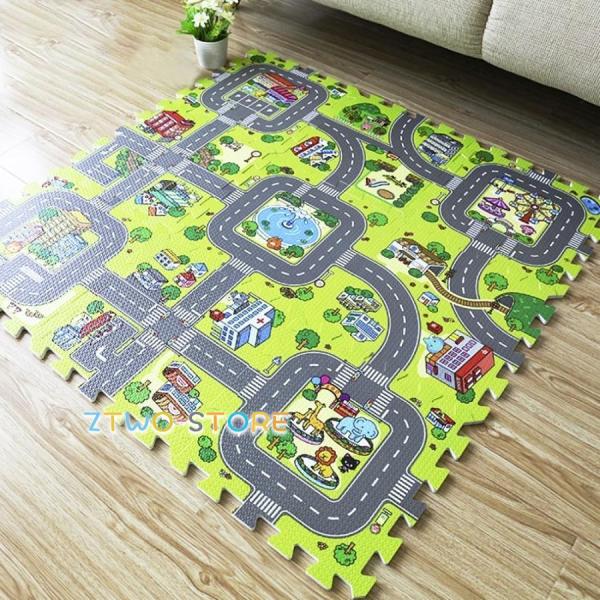 サイズ1枚の大きさ：縦約30cm×横約30cm全体の大きさ：縦約90cm×横約90cm厚み：約1cm素材：EVA素材 スポンジタイプパズルのように自由に組み合わせて遊べるジョイントマット。どの組み合わせにしても、道路が繋がる仕組みになってお...