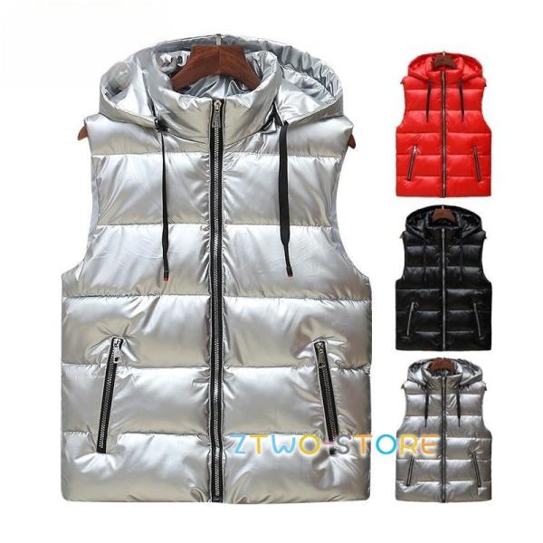 光沢黒ナイロンダウンベスト フード付き improves ダウンベスト メンズ レザー切替 ナイロンベスト 中綿ベスト