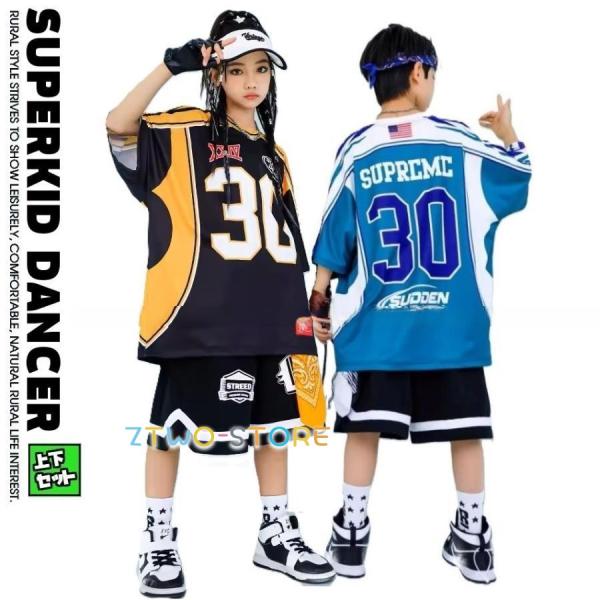 ヒップホップ 衣装 セットアップ 派手 黒 青 ダンス衣装 キッズ 子供ダンス服 ダンスウェア K-POP 韓国 男の子 ガールズ ナンバリング Tシャツ ハーフパンツ