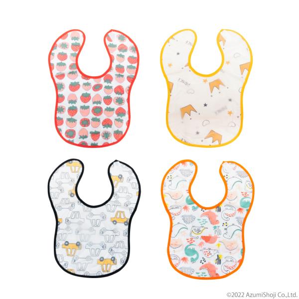 【ベビー食事用エプロン 4枚セット】コットンとEVA樹脂製を使用した、柔らかい素材のスタイです！収納も楽々！【食べこぼしもキャッチ！】裏面に折り返しのポケット付なので、食事やマグカップやストローの練習時も安心です！【面ファスナー使用】スナッ...