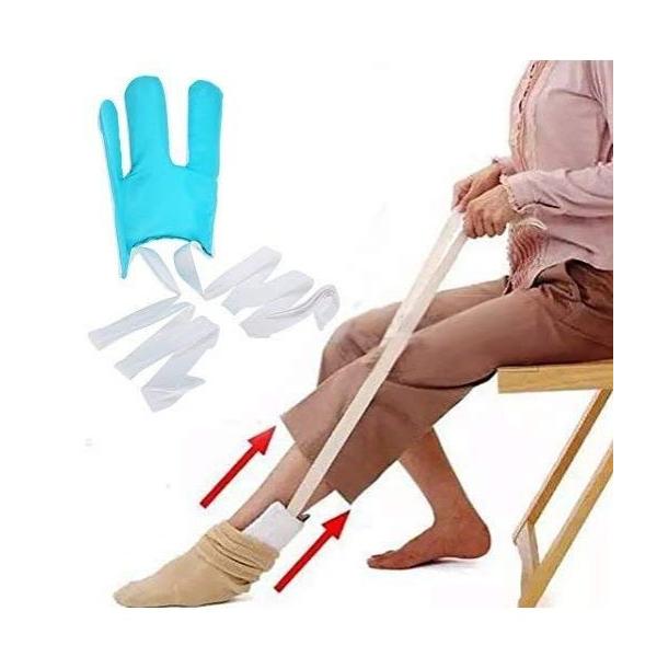 【靴下を履くのがつらい】腰が痛くてかがめない、、妊娠中で足元が見えにくい、、お腹がつっかえる、、そんな時に便利な靴下補助具です！【こんな人に！】高齢者がいるお宅や、老人ホーム、病院やリハビリ施設、妊娠中の方に！【使い方】青い部分に靴下を通し...