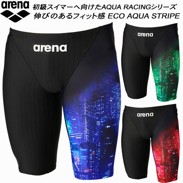 arena 競泳用水着 黒・青 ストライプ アリーナ（arena） メンズ 競泳水着 WA承認 スパッツ ハーフレッグ ECO