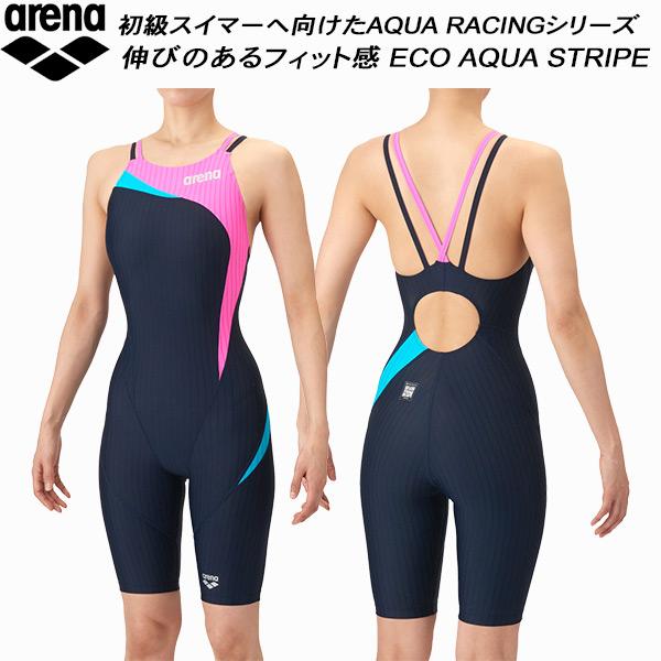 アリーナ arena ジュニア 女子 競泳水着 WA承認 ハーフスパッツ ダブルストラップ ECO AQUA STRIPE アクアストライプ ガールズ/女の子 AS6SRC56G NVPK
