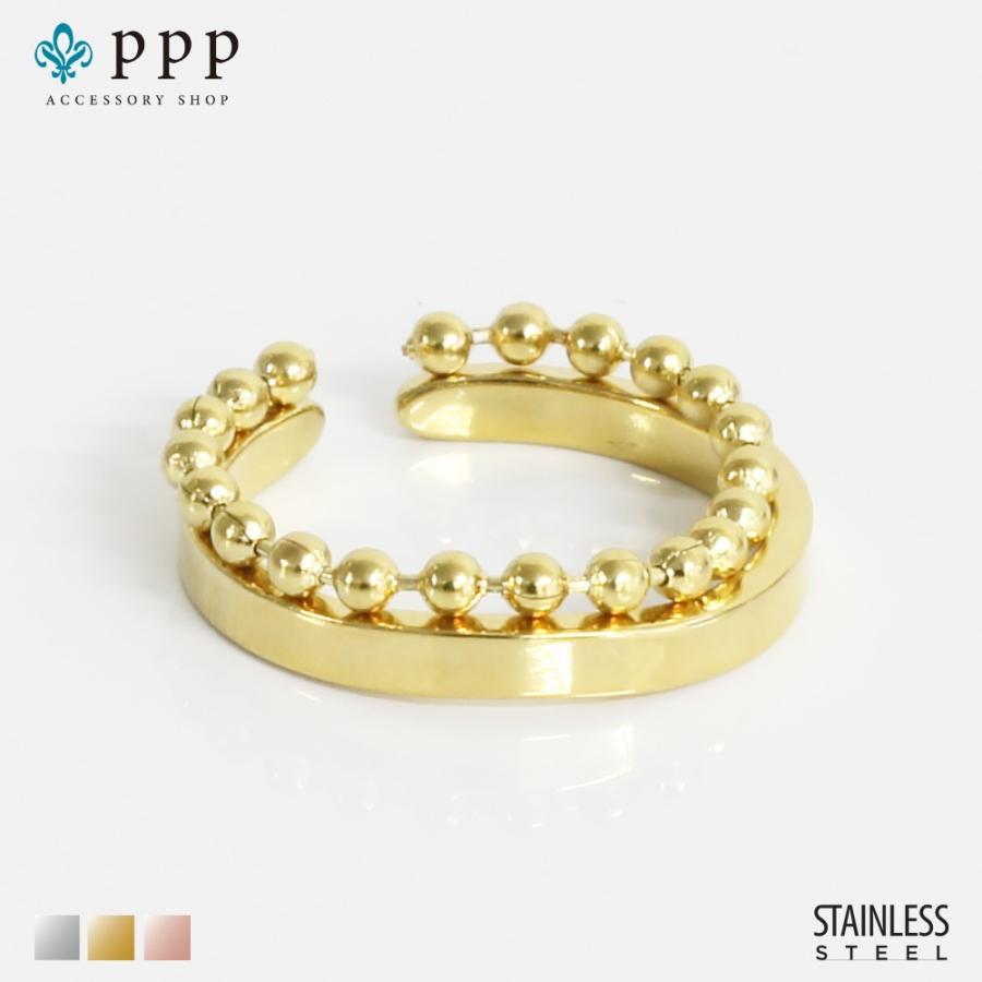 指輪 レディース ステンレス リング (201)2連風ボールチェーン付き