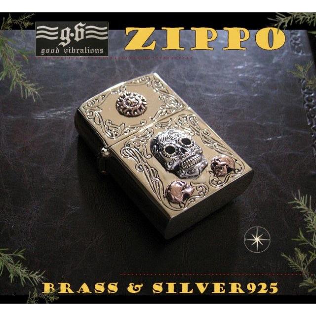 (GV)ZIPPOライター メキシカンスカルと太陽 メイン 金色 真鍮製(ブラス製) シルバー925製銀 ドクロ スカルgood vibrations｜0001pppcom