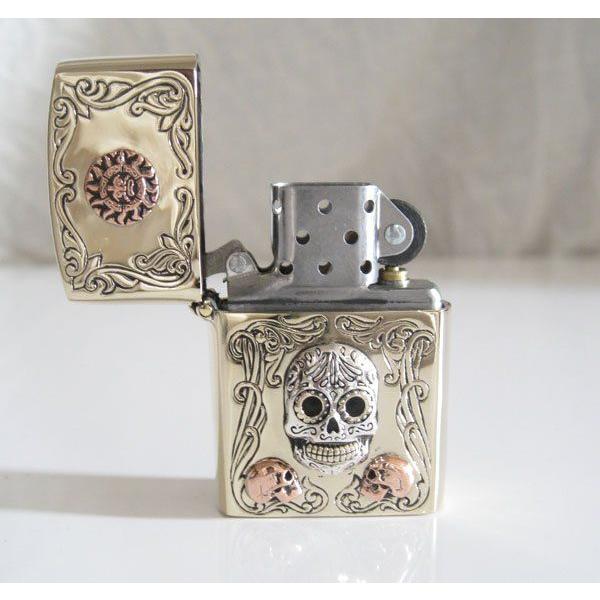 GV)ZIPPOライター メキシカンスカルと太陽 メイン 金色 真鍮製(ブラス