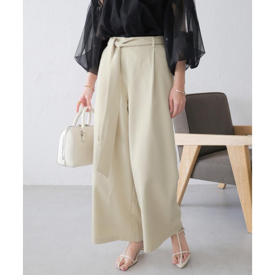 美品♪ベイジ BEIGE, ウエストリボン ワイドパンツ オールインワン andme（アンドミー） きれいめ ツイル 美脚 ウエストリボン タック